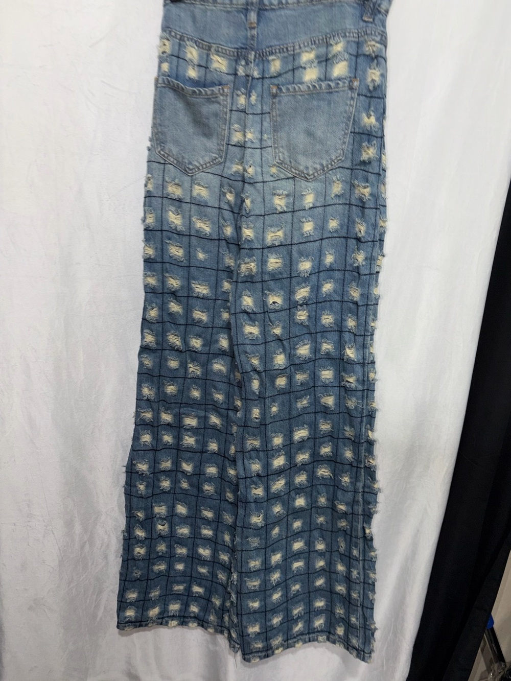 Fashion Nova Blue Distressed Grid Denim Wide Leg Jeans